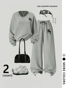 Women's Casual Fitted Long Sleeve Letter Pattern Leopard Top Set, Pants, Comfortable Outdoor Travel Wear, Regular Length, All Seasons, Street Style