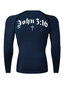 John 3:16 Cross Graphic Print Long Sleeve Compression Shirt for Men, Gym Workout Fitness Training Running Tight-Fit T-Shirt, Athletic Quick-Dry Stretchy Baselayers Undershirts Top, Spring & Fall Sportswear Activewear, Athletic Apparel