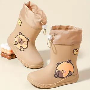 Brand New Material Mid-Calf Rain Boots, Thickened for Warmth And Durability, Featuring Cute Cartoon Capybara Design, Waterproof And Made of High-Quality Rubber, Suitable for Boys And Girls, Perfect for Elementary School Students