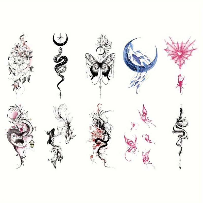 PVC Glitter Realistic Waterproof Cartoon Temporary Tattoo Stickers (10 Sheets) - Star, Moon, Butterfly & More Designs, Normal/Solid/Oblong Shapes, Unscented Casual Single Item for Adults-Kids, Beauty & Personal Care Art (No Battery Needed)