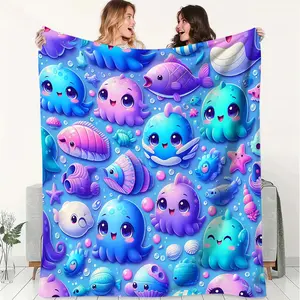 Cute Marine Creatures Dreamy Cartoon Style Fleece Blanket,Fresh and Cheerful Style Themed Cover Blanket.Stylish Warm Soft Throw for Outdoor, Gift Blanket for Living Room and Travel.