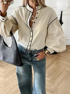 1 piece of women's summer solid color contrasting edged stand-up collar lantern sleeves loose lazy style long-sleeved shirt, suitable for office, vacation, home, daily wear, festivals, and four seasons