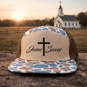Jesus Saves 7 Panel Snapback Hat Embroidered Christian Faith Trucker Cap Camo Mesh Back Outdoor Hat Gift for Men Dad