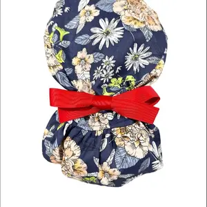 Satin Lined Ponytail Scrub Cap- Blue Floral with Red Ribbon