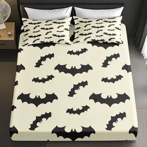 2/3PCS Halloween Bat Pattern Fitted Sheet Set,Skin-Friendly Breathable Bedding Set(1*Fitted Sheet Set +1/2*Pillowcase,No Filling),Suitable For All Year Round,Machine-Washable,Valentine'S Day Gift For Family