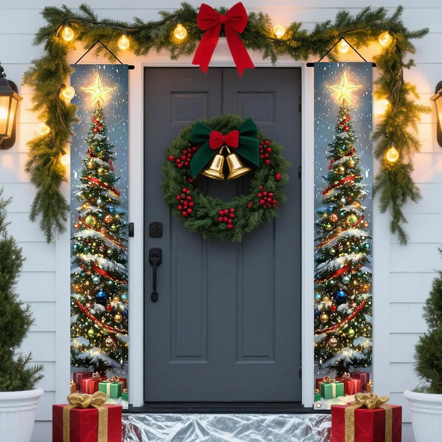 Christmas Decorations Outdoor Yard Front Porch Sign Set, Lit Christmas Tree Door Banners for Front Door,  Christmas Door Decorations for  Indoor Outdoor Wall Yard