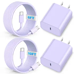 2Pack 20W Fast Charging Wall Charger Block Cubes with 6/10Ft USB C to USB C Cable Compatible with iPhone 16/Plus/Pro Max/15/Plus/Pro Max/iPad Pro Purple