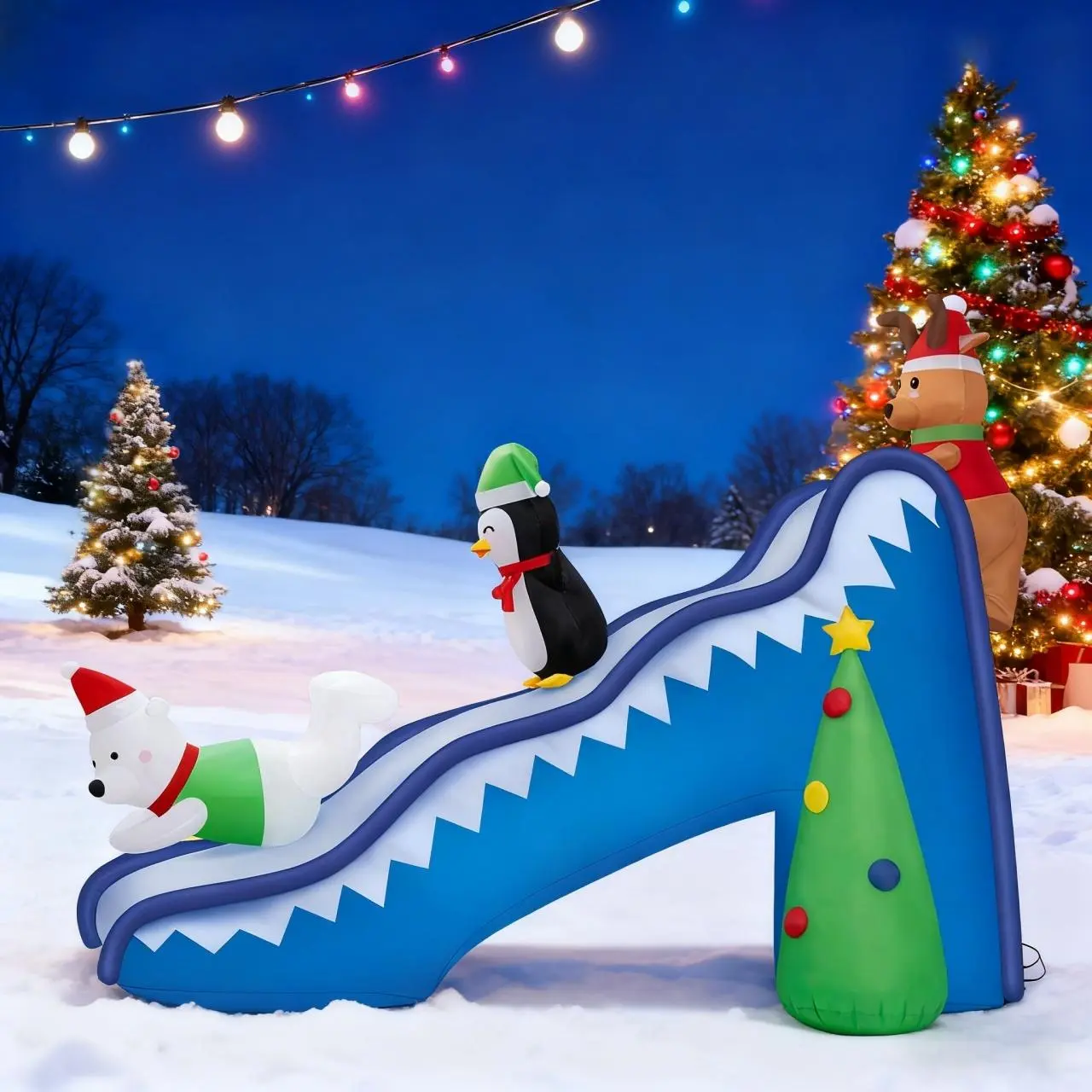 9ft Tall Irregular PVC Christmas Inflatable Decoration - Contemporary Design, Built-in Blower, Bright LED Lights, Corded Detachable Power Adaptor, Funny Slide Scene with Reindeer, Penguin, Polar Bear, Weather-Resistant for Ceremony, Kids' Lawn