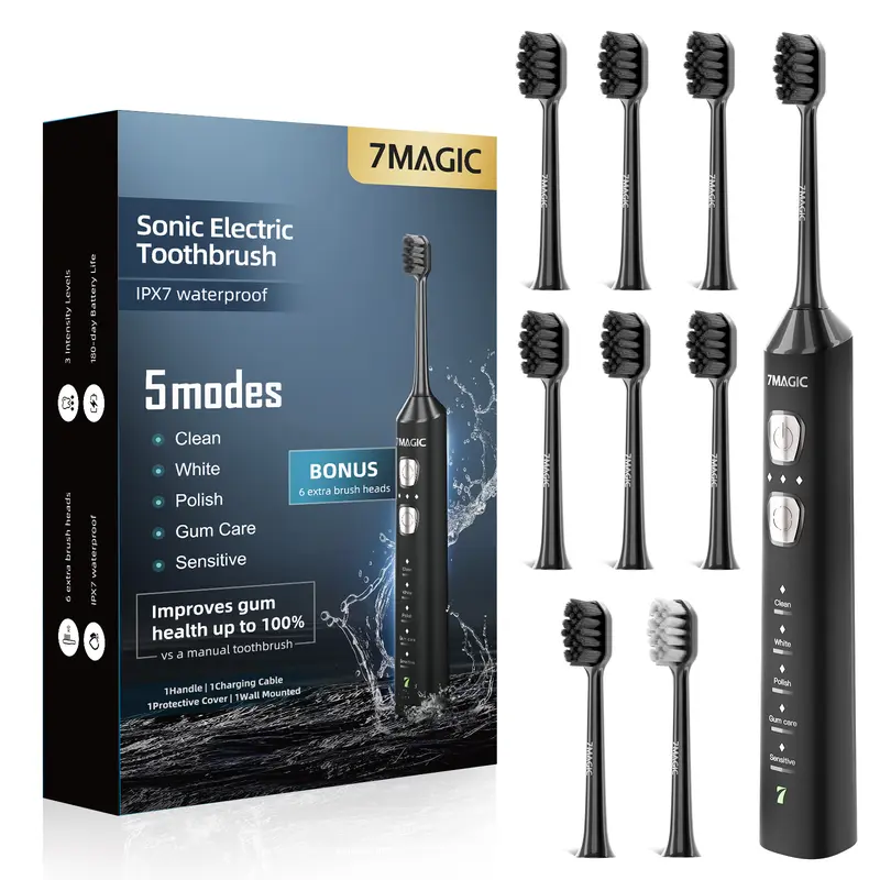 7MAGIC Rechargeable Waterproof Sonic Electric Toothbrush for Adults - Personal Care Gadgets, 42000 VPM, 180-Day Runtime, 5 Modes, 3 Intensities, 2000mAh, Timer, 7+1 Replacement Heads, Business Trips Travel Tool, Bright Smile Support