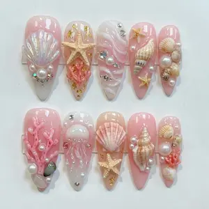 EG8- Blush Mermaid Press-On Nails, 3D Seashell & Jellyfish Art, Pearl Coral Detail, Ocean Treasure Design, Glossy Pink Coastal Luxury Handmade Summer Holiday Nail Set, Gift for Her