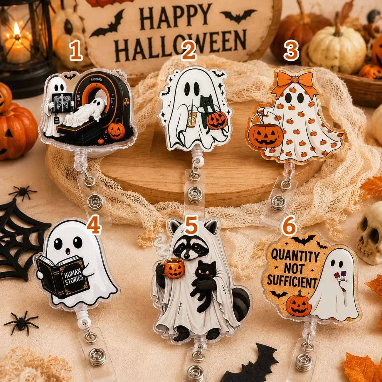 Halloween Badge Reel, Cute Ghost Retractable ID Badge Holder, Spooky Character Badge Clip, Nurse Medical Work Accessory, Halloween Gift