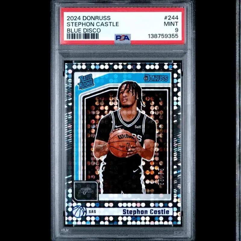 2024 Stephon Castle Rated Rookie, Donruss Blue Disco /75 PSA 9 basketball trading card slab Pop 3 None Higher