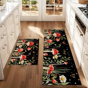2Pcs Mushroom, Plant, Flower, Watercolor Painting Floor mat set including farmhouse kitchen Rug dining room flooring laundry room decorative carpet mat
