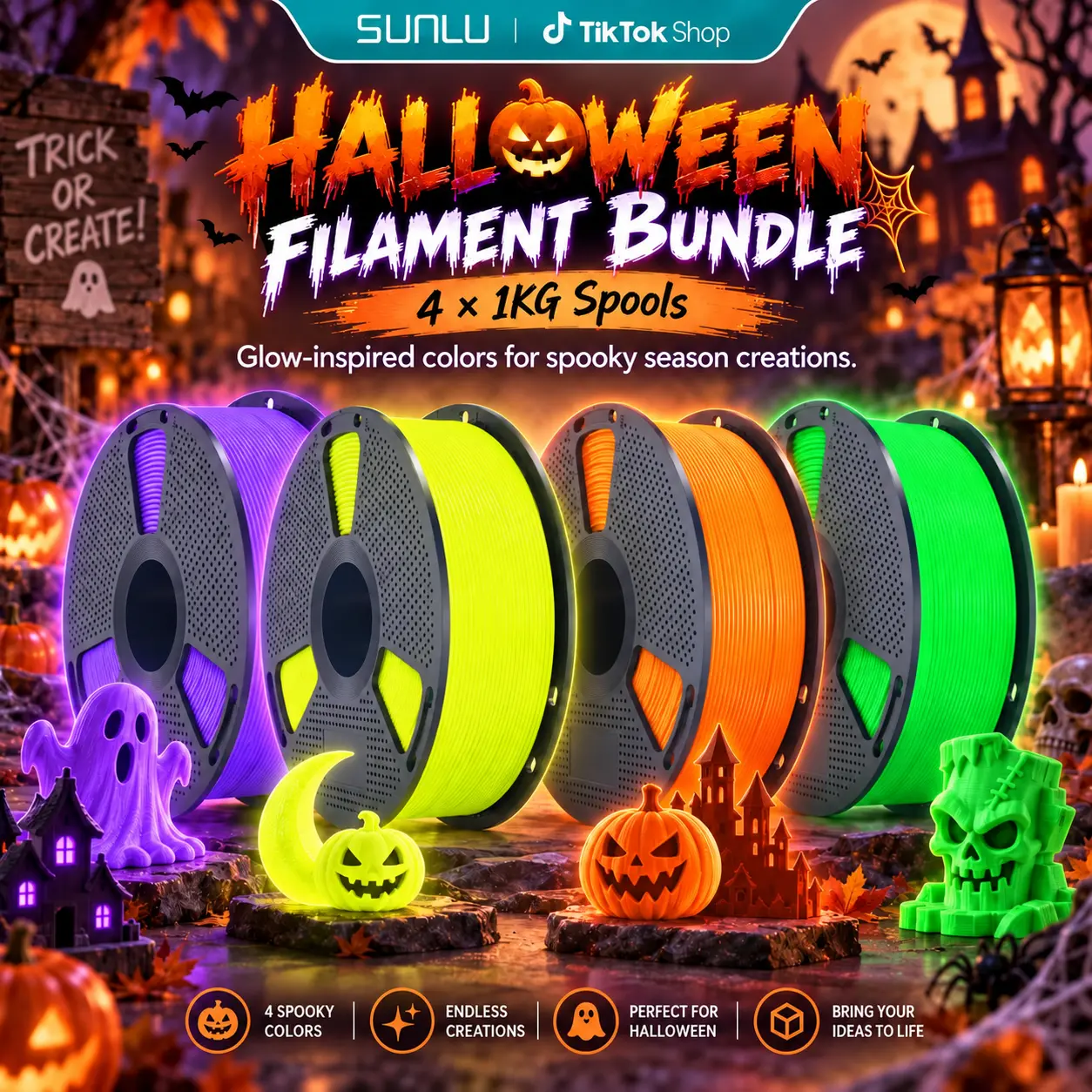SUNLU Halloween Filament Bundle | 4 × 1KG Glow in the Dark & Special Effect 3D Printer Filament | PLA/PETG Halloween Colors for Spooky Prints, Decor & DIY,sohochic