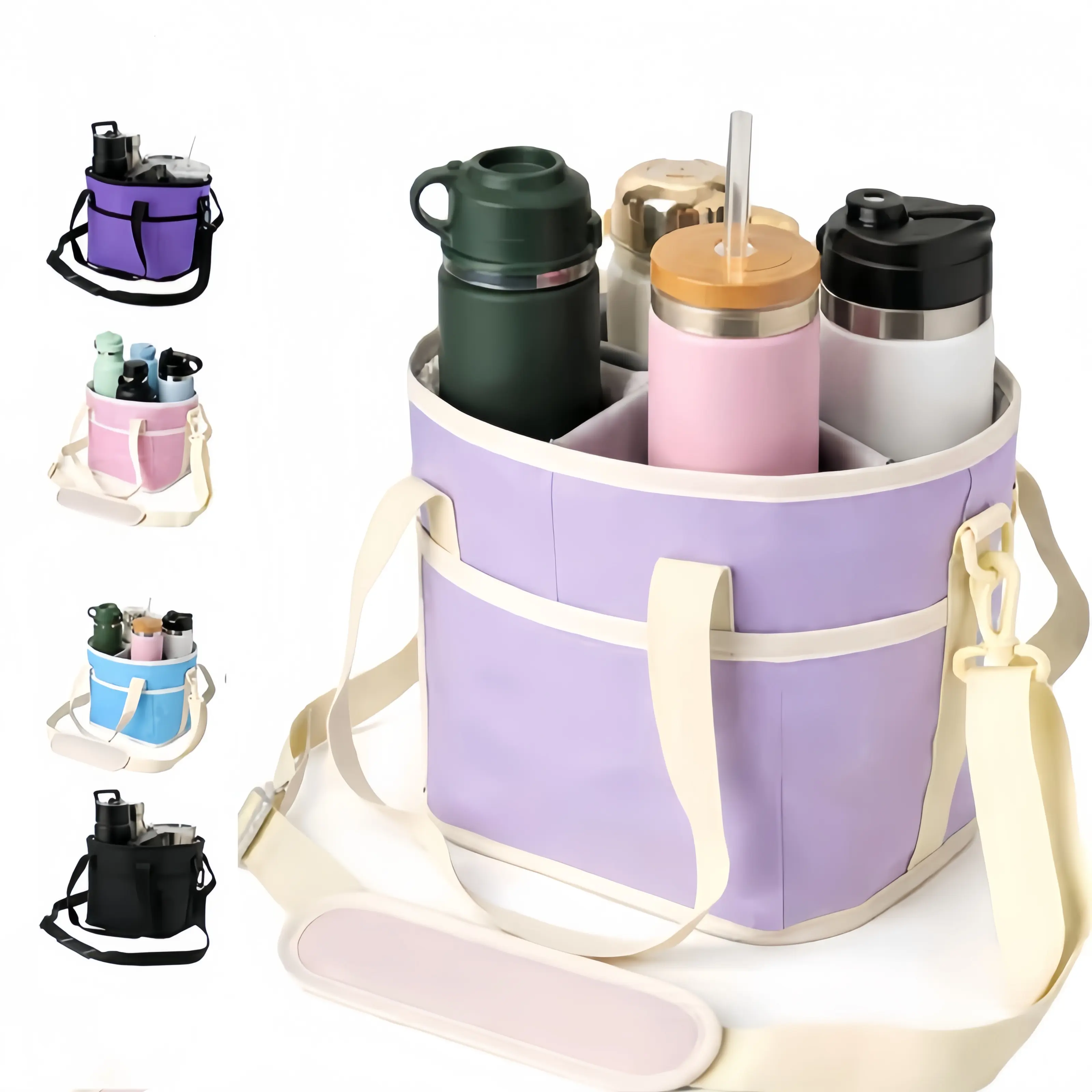 Family Size 4 Compartment Drink Bag, Multiple Tumbler Carrier Caddy, with Adjustable Strap, 4 Compartment Insulated Drink Holde, for Hiking, Walking, Sports, Family Outings & Daily Use