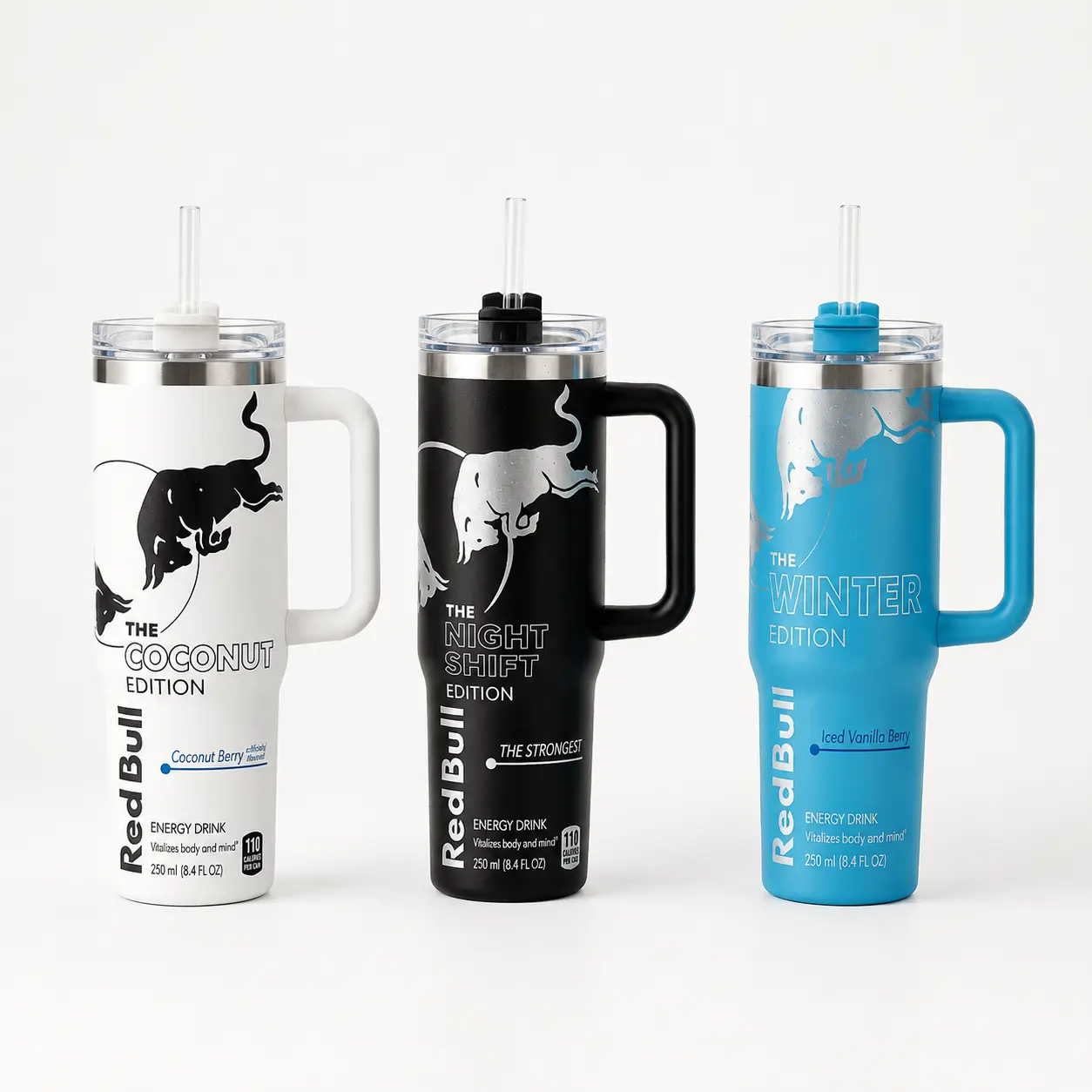 Red Bull Pink, Blue & White Edition 40oz | Athletic Energy Drink Style Seasonal Edition 40oz Insulated Stainless Steel Travel Mug With Handle & Straw, Double Wall Vacuum Cold Water Cup