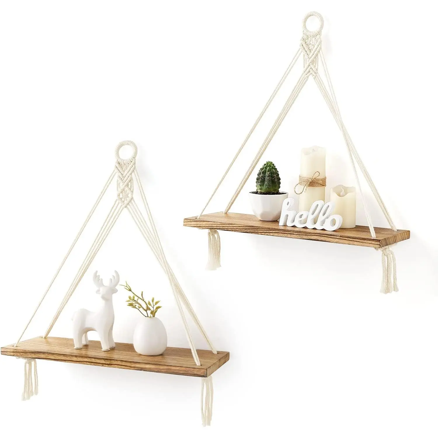 Macrame Hanging Shelves Boho Wall Decor Set of 2 Rustic  Floating Storage Shelf for Bedroom Bathroom Living Room  Dorm Room, Display Shelving for Hanging  Photos
