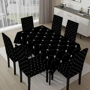 5/7-piece 2D Flat Printing Black and White Dot Geometric Pattern Printing Pattern Tablecloth and Chair Cover Set, for dining table and chair decoration, perfect for home, holiday gatherings, restaurants, and parties.