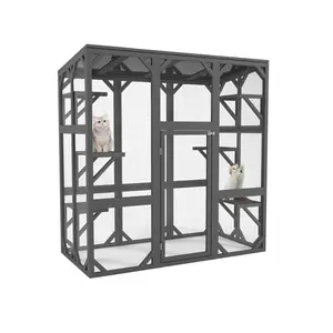 Aobtkel®Catio Outdoor Cat Enclosure Cat House Wooden Cat Cage Large Feral Cat Shelter for Mulitiple Cats with Six Platforms, Large Enter Door, Waterproof Roof 60" Grey#Summervibes