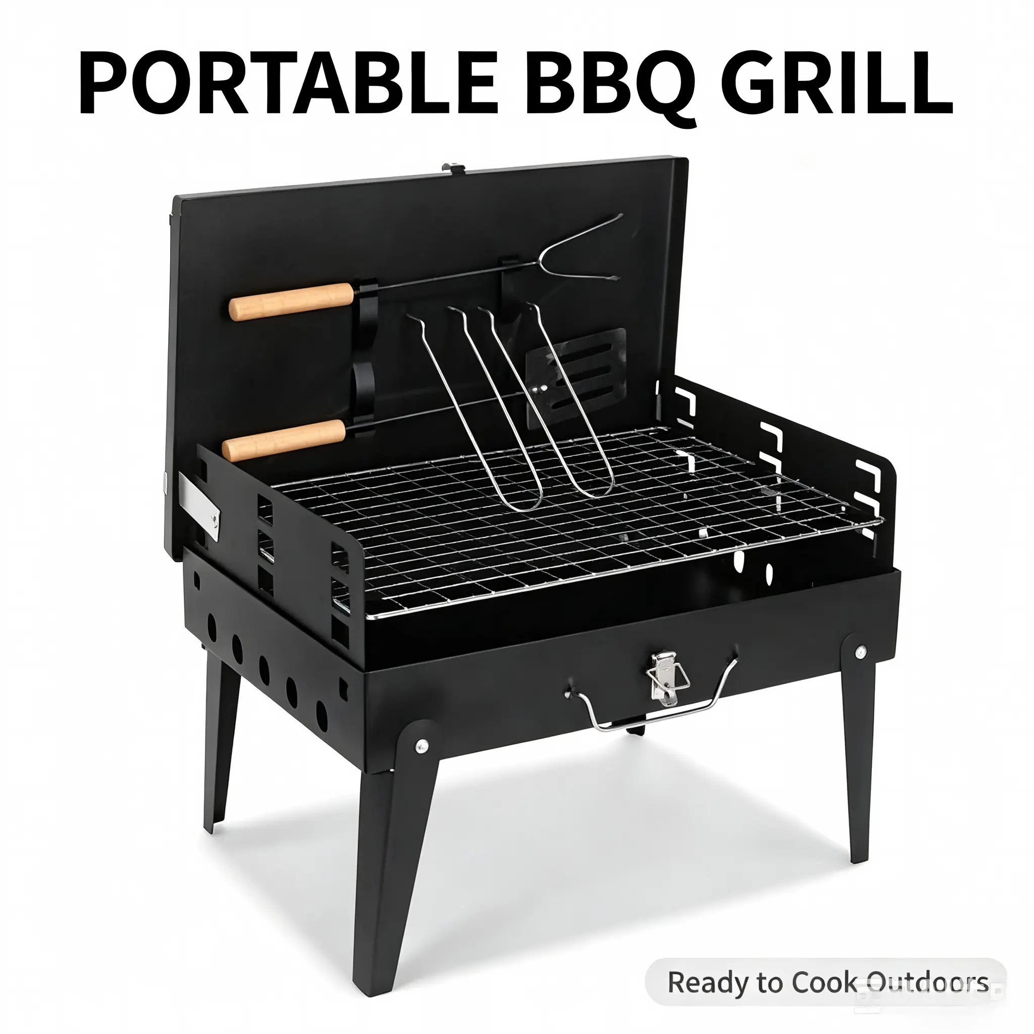 Portable Foldable Suitcase Charcoal BBQ Grill, made of thickened high-carbon steel, rust-proof and long-lasting. Suitable for all kinds of outdoor cooking scenarios such as camping and backyard barbecues. durable large capacity