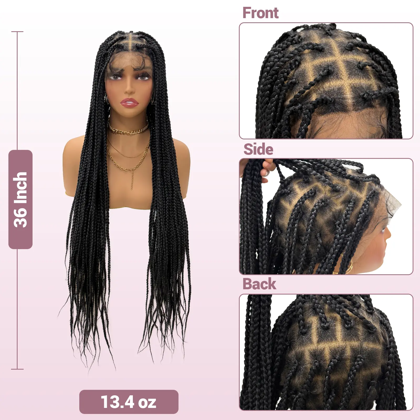 Knotless Box Braid Wig 36 Inch HD Lace Front Synthetic Human Hair Blended 36 main image 3