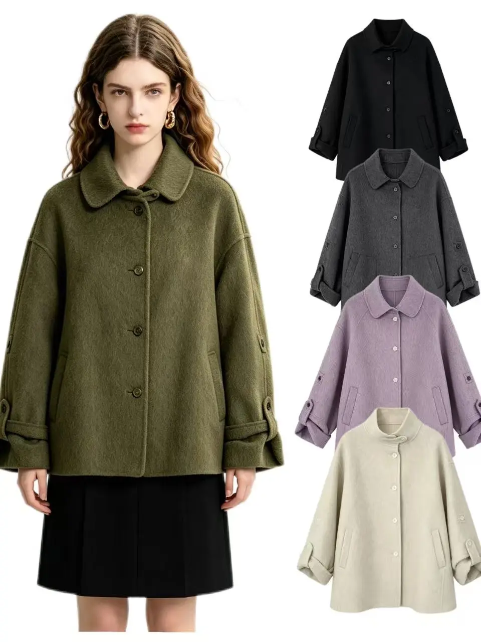 100% Pure Wool Stand Collar Mid-Length Coat for Women, Oversized Loose Wool Overcoat with Roll Button Cuffs