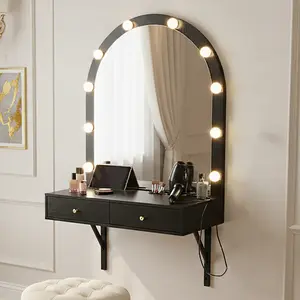 ARCH Floating Wall Mounted Makeup Vanity Desk with LED Mirror 3 Color Lights, Compact Dressing Table with Power Outlet & USB Charging, Space Saving Large Storage Vanity for Bedroom Bathroom, Black