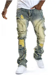 Men's slim-fitting distressed ripped denim jeans, vintage streetwear menswear, creative pocket edges, old stretch flared pants, all-season Y2K washed flanged fabric trousers, men's casual clothing