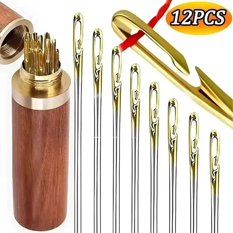 12Pcs Stainless Steel Self Threading Sewing Needles Big Hole Side Hole Blind Needles Easy Threading for Elderly Beginners Crafts