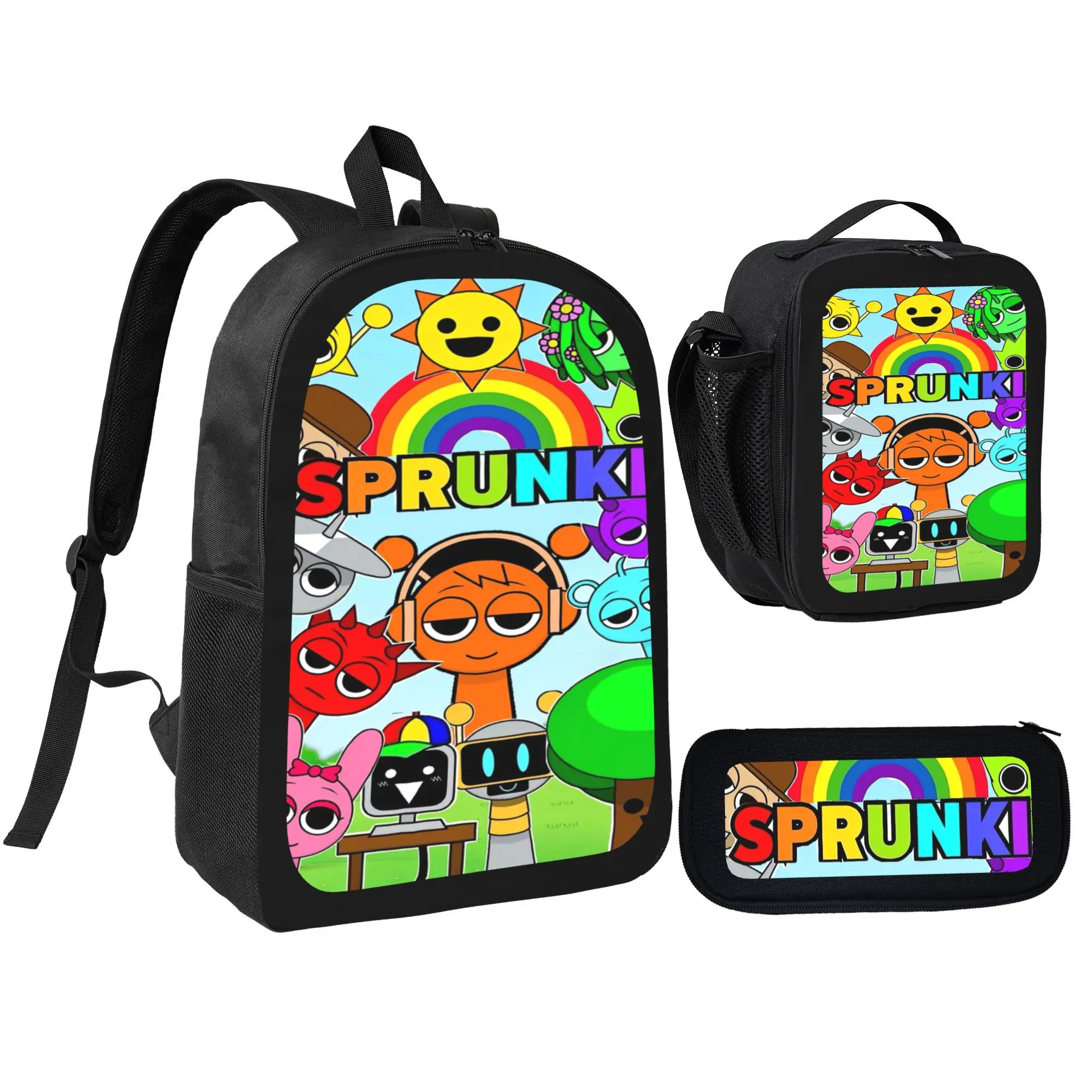 Unisex 3pcs Sprunki Theme Set Pack - Zipper Backpack, Pencil Case, Lunch Box, Polyester Lightweight Cartoon Print School Bookbag for School, Vacation