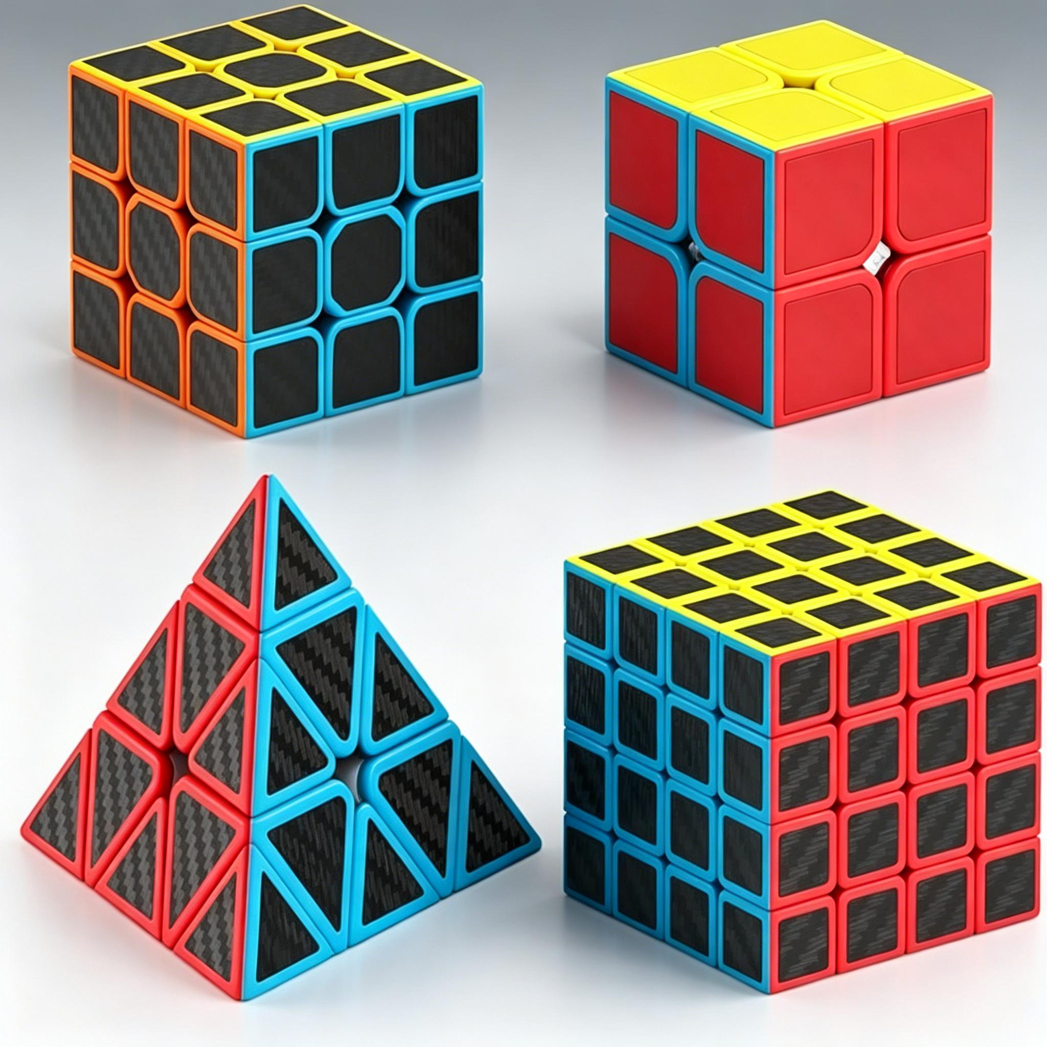 Speed Cube Set, 4 Pack Magic Cube Bundle Includes 2x2x2 3x3x3 4x4x4 Pyramid Puzzle Cube, Carbon Fiber Sticker Smooth Turning Brain Teaser Toy, Birthday Party Christmas Stocking Stuffers Gift for Kids Teens Adults