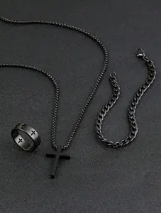 3pcs Men Black Jewelry Set Cross Necklace Bracelet Ring Set