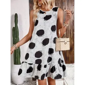 [Casual Wear] Elegant Black & White Polka Dot Print Dress for Women - Chic Sleeveless A-Line Design with Ruffle Hem, Crew Neck, Lightweight Acetate Blend, Perfect for Summer, Machine Washable Women's Loose Midi Flowery Backless Mini white  dress  girl