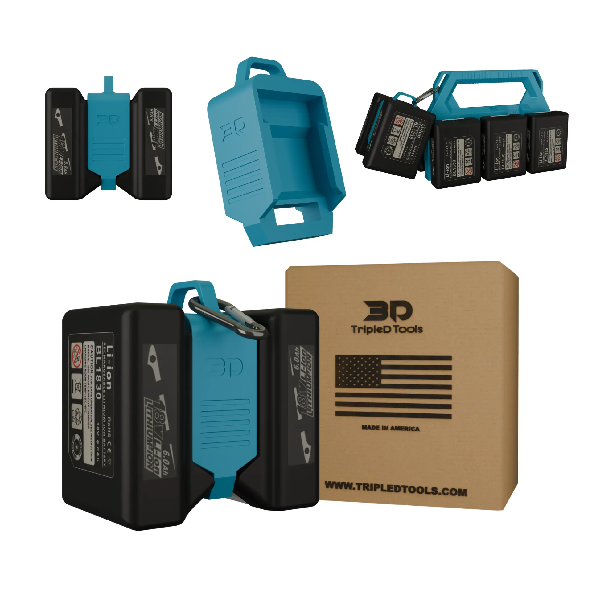 TripleD Tools Mini Carrier - Makita Compatible 18V Battery Compact Secure Holders (2-Pack), Lightweight Eco-Friendly Garage Tool Organizer with Carabiner, USA Made, Blue