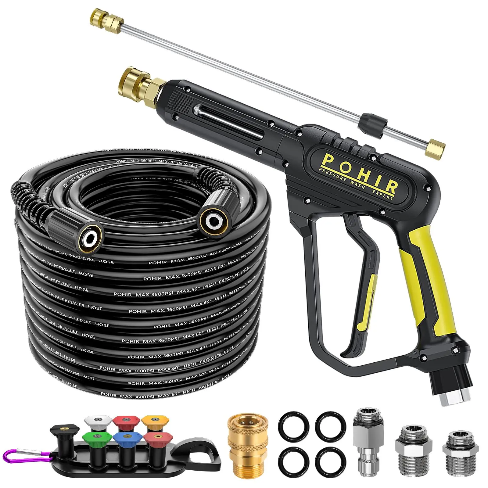 POHIR Handheld High-Pressure Washer Gun Kit, 3600 PSI Heavy-Duty Cleaning Tool with 50FT Hose, 15in Wand, 7-Nozzle Set, Attachment for Car Cleaning