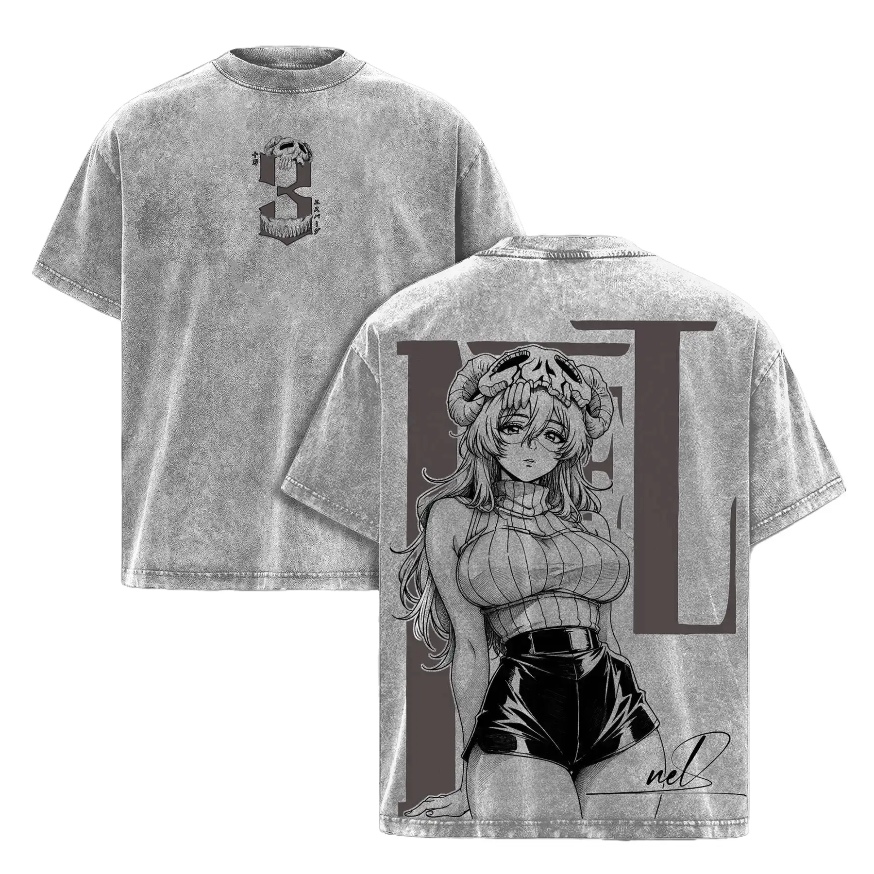 Nelliel Bleach TYBW Anime Shirt Vintage Washed Heavyweight Cotton Oversized Graphic Tee Men Women Nel Espada Waifu Double Printed Top Hollow Mask Retro Manga Streetwear Y2K Casual Cosplay Apparel Trending US TikTok Fashion Graphic Clothing