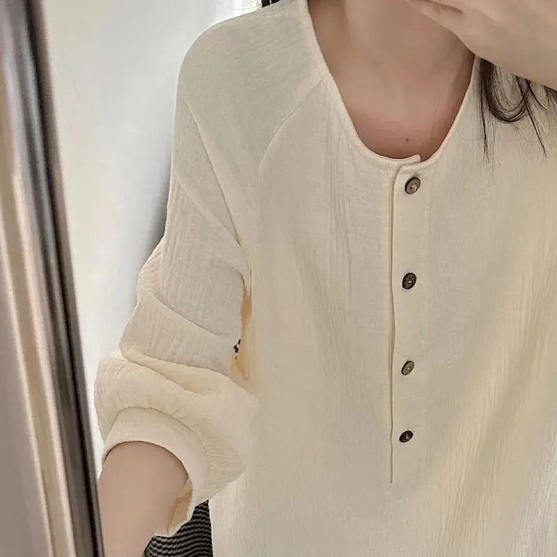 Korean Women Nightgown Button Sleepwear Loose Nightwear Spring Night Dress Solid One Piece Pajamas O-neck Home Wear New in