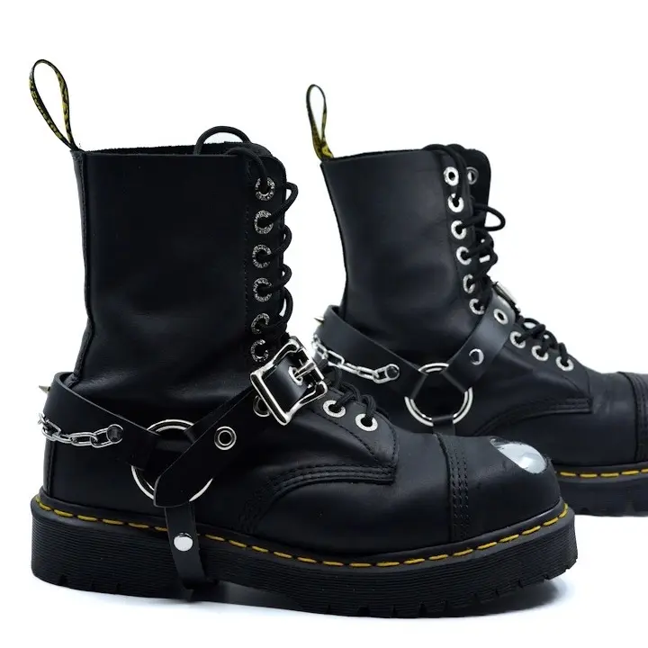 Adjustable Black Leather Boot Harness Shoe Accessory with Solid Brass Hardware