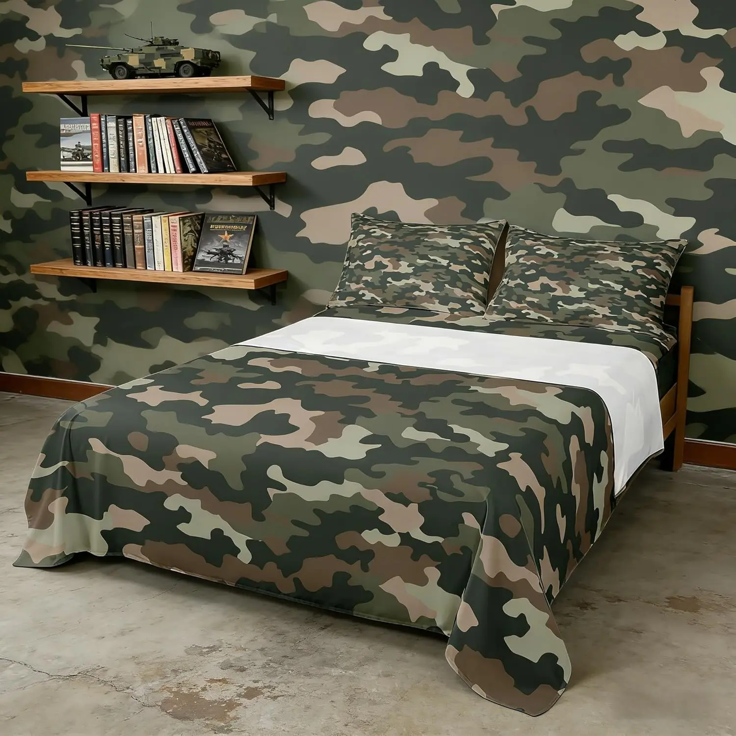 Army Green Camo Print Sheet,Camouflage Patchwork Rustic Farmhouse Bedding Set Adults Room Decor,Abstract Geometric Retro Bed Sheet Set (Fitted + Flat )