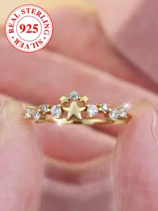 Elegant S925 Silver Ring with Star Design, Microset Imitation Zirconia, Women's Fashion Jewelry with Box, Dainty Ring
