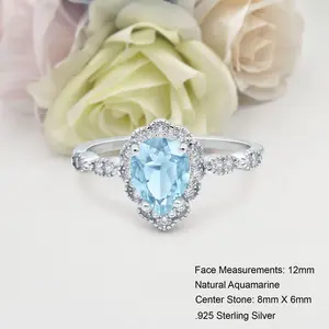 Art Deco Round Teardrop 1.25 Carat Natural Aquamarine Bridal Band Women Wedding Engagement Pear Shape Ring 925 Sterling Silver 12mm