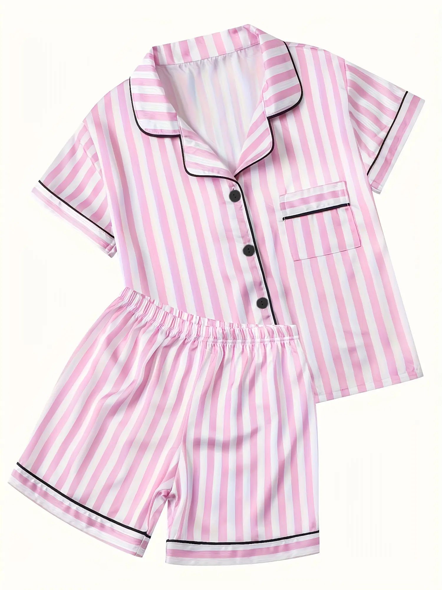 Kids Silk Satin Pajamas Set - Cute Pink and White Vertical Striped Short Sleeve Button Down Sleepwear for Toddler Girls, Soft Luxury Pjs Matching Loungewear Shorts Set, Comfy Toddler Nightwear Summer Homewear Set Birthday Gift