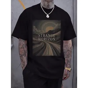 Retro Surreal Horizon Graphic Tee With Winding Road And Sun Rings Print, Vintage Mountain Sunset Artwork Printed Tee, Black Aesthetic Tee Casual Wear, Unisex Top Streetwear Style, Summer Shirt Trendy Design, Soft Fabric Fit For Men And Women