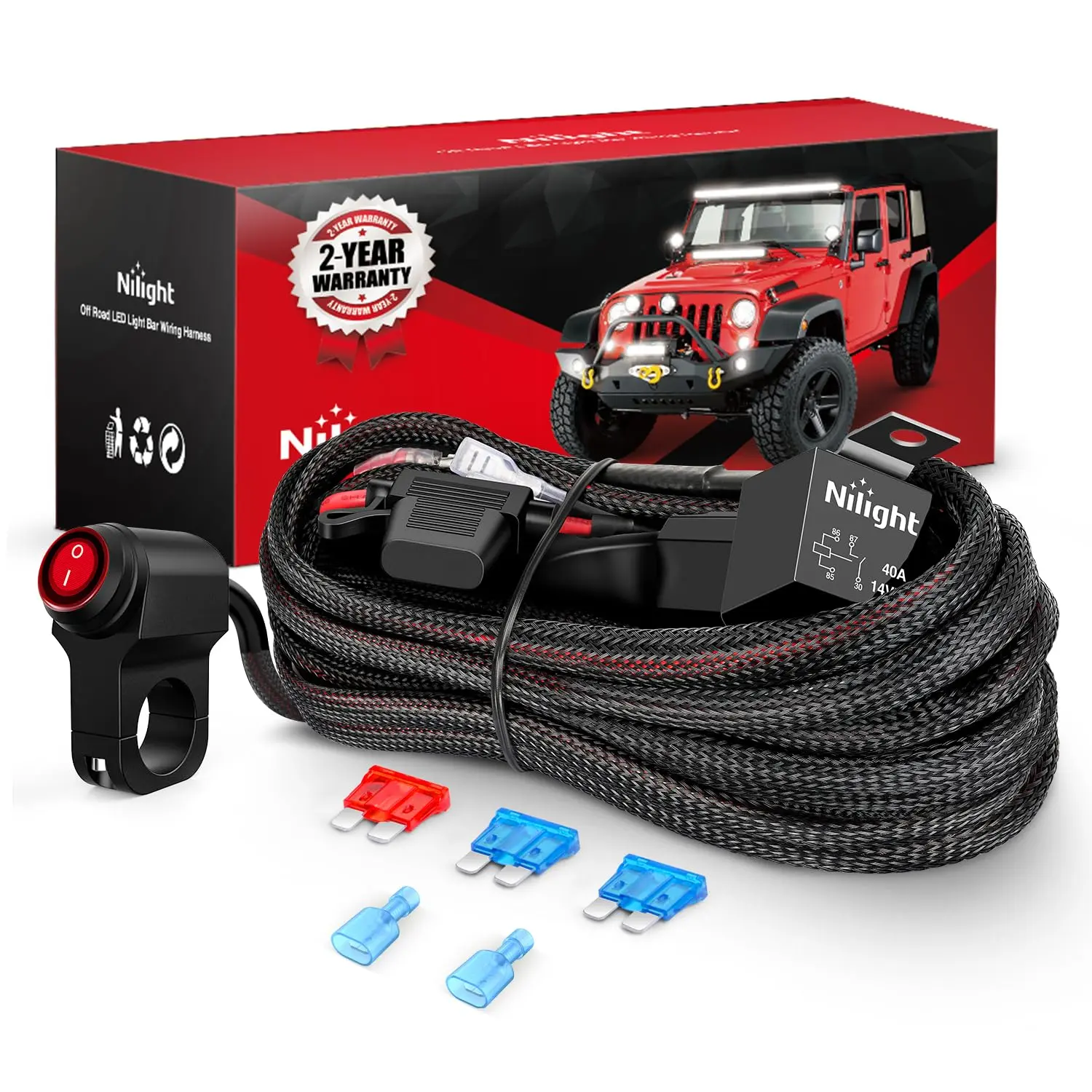 Nilight High-Quality Nylon 16 AWG Wiring Harness Kit - 1 Lead, 12V Rating, Motorcycle Handlebar On-Off Rocker Switch, Power Relay, Blade Fuse for LED Light Bar, Outdoor Lighting - Truck, Scooter, Snowmobile, Bicycle Use