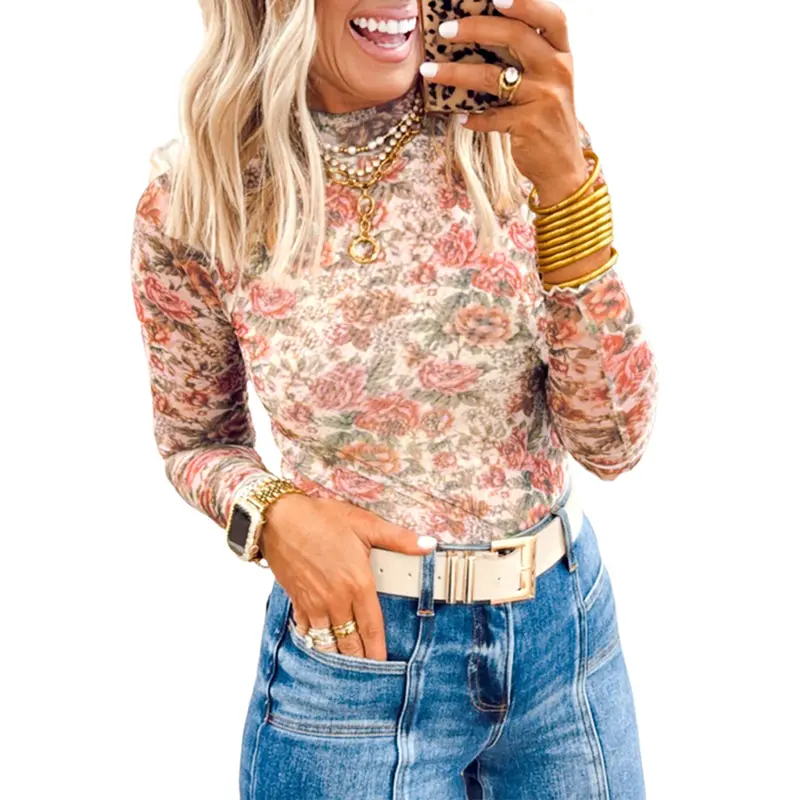 Znacicc Vintage Floral Mesh Blouse White Boho Mock Neck Long Sleeve Top for Women Elegant Design Perfect with Denim and Layered Necklaces