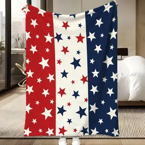 Modern USA Patriotic Fan Blanket, Three Vertical Color Block Random Star Design Throw Blanket, Lightweight Fleece for Casual Neutral Bedroom Decor, Ideal American Holiday  Family Present