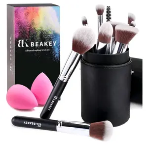 BEAKEY Makeup Brushes Sets, Brush Sets with Makeup Sponges (10+2pcs, with Black Case)