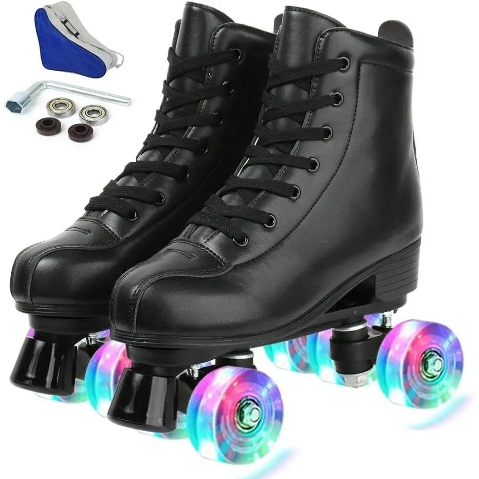 Classic High-Top PU Leather Roller Skates for Beginners, Double Row Design with Shock Absorption and Quick Braking for Indoor Outdoor Use, Rollerskates