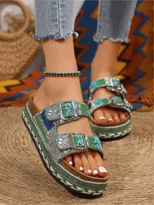 Women's Summer Fashion Thick Sole Sandals Bohemian Style Platform Slides 2026 New Arrival Strappy Metal Buckle Studs Decorated Height Incr Beach Shoes Pu Leather Slides