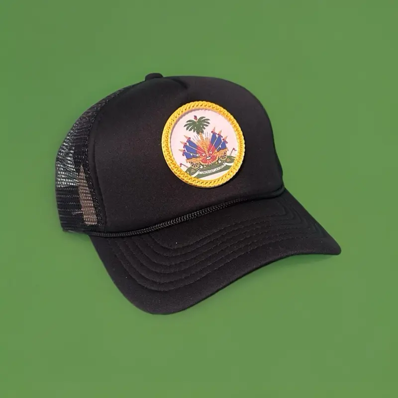 Exclusive - custom Haiti Hat - unique -  gold frame black trucker hat -  Haiti flag cap  -sculpted Ayiti - one size - SnapBack